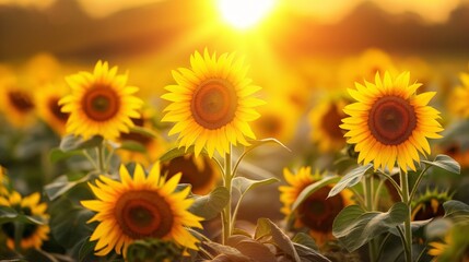 Fototapeta premium A vibrant sunrise over a field of sunflowers.