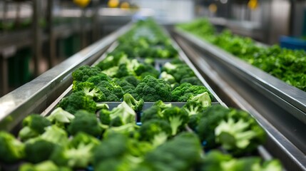 Broccoli being processed on a conveyor belt in a factory.
