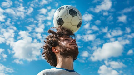 A close-up of a youth balancing a football on his head under a blue sky.