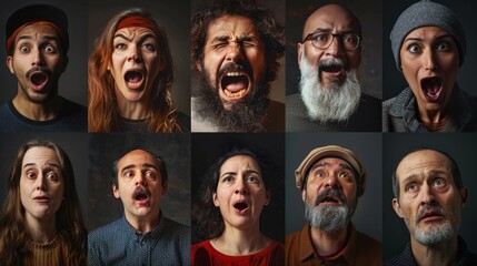 A series of eight individual close-up portraits capturing a diverse range of human emotions, showcasing expressions of joy, excitement, surprise, and empathy