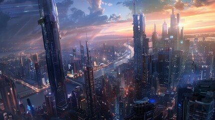 Naklejka premium Futuristic cityscape at sunset with towering skyscrapers, illuminated highways, and vibrant colors painting a stunning vision of the future.