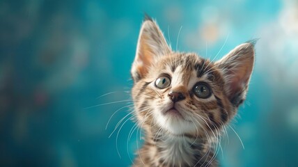 Fototapeta premium Curious kitten looking up with blue background