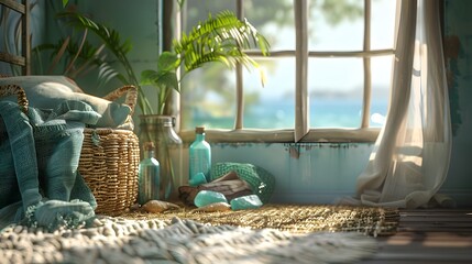 Obraz premium Cozy Coastal Interior with Rustic Charm and Tranquil Ambiance