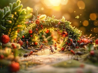 Close-up shot of ants celebrating Christmas in July, festive trails adorned with tiny wreaths and ornaments, vibrant summer colors, cheerful and lively insect scene, photorealistic detail