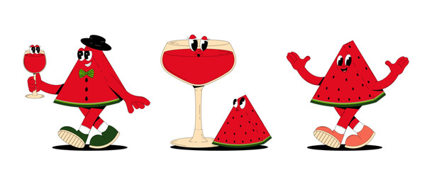 A set of funky groovy watermelon characters. Summer retro design elements for prints, posters, cards, stickers. Vector illustration isolated on transparent background.