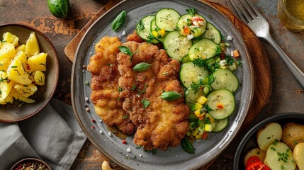 Classic fried schnitzel stake served with potato and cucumber salad on a rustic modern plate
