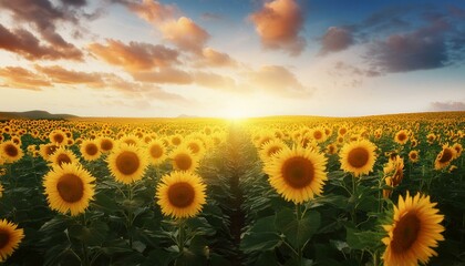 Fototapeta premium Sunflower fields - Yellow sunflower flowers arrange themselves in harmonious rows, following the sun