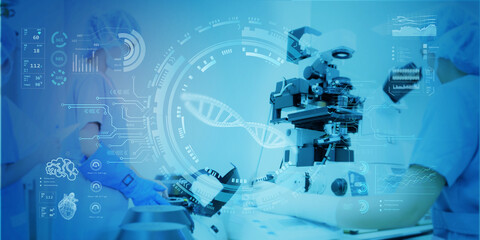 Professional health care researchers scientist working in life of medical science laboratory digital of virtual analysis chromosome DNA.