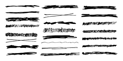 Underlines set brush stroke, marker lines grunge curve, wavy free hand marks textured simple borders strikethrough isolated on white background. Creative collection scribble brush or crayon checks