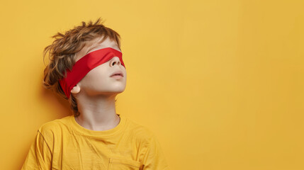 Portrait of a young boy kid with a blindfold on yellow background with copy space