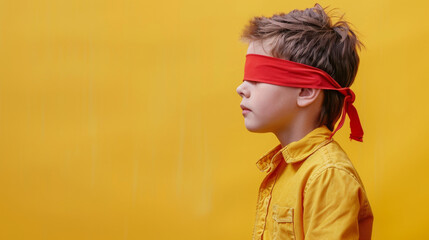 Portrait of a young boy kid with a blindfold on yellow background with copy space