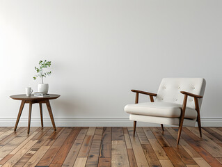 White wall interior room with wooden floor and modern chair