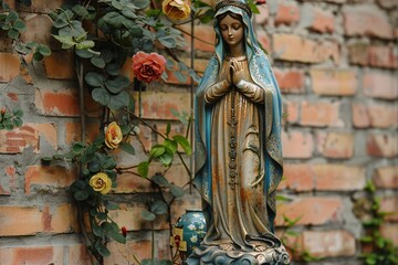 Sculpture of the likeness of Our Lady of F&radic;&deg;tima, the maternal figure of Catholicism, with a brick wall backdrop in Brazil.