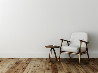 White wall interior room with wooden floor and modern chair