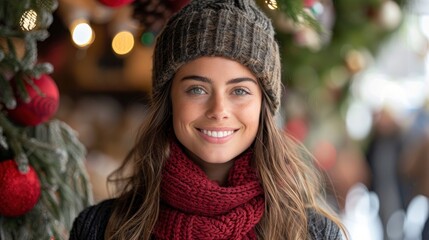 A Cheerful Salesperson At A Holiday Market, Joyfully Selling Festive Decorations