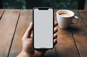 Hands-holding Mobile phone screen mockup template on wood background