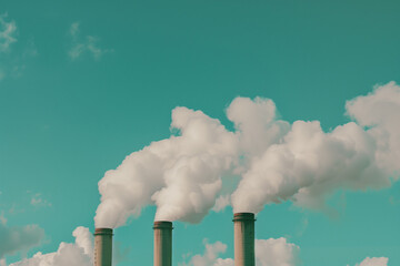 Closeup of Three Large Smokestacks Emitting White Clouds Against the Sky, Environmental Pollution Concept