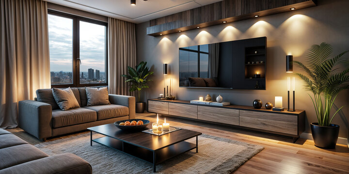 interior, room, modern, hi-tech,  shows a modern living room with a large sofa, a coffee table, and a flat-screen TV on the wall. The room is well-lit with warm and ambient lighting,