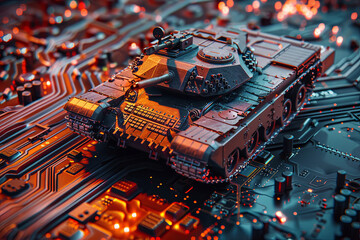 Concept image of a military tank on a powerful computer circuit board, symbolizing AI takeover in warfare or the race for advanced microchip manufacturing