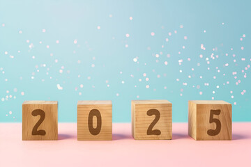 A wooden cube block with the text "2025" inscribed, symbolizing the upcoming year. 2025 new year logo on wooden cube. Preparation for new year, business target and strategy concept.