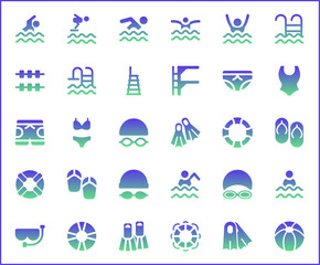 Set of swimming and pool Icons line style. Contains such Icons as diving, summer, beach activity, swimsuit, bikini, trunks, swimming cap, glasses, flippers, swim And Other Elements.