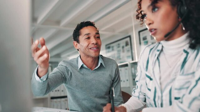 Businessman, call center and coaching intern with notebook for consulting, customer service or support at office. Man or employee training junior consultant or agent on computer for online advice