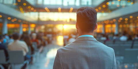 Young businessman looking at a crowd in a business center, focusing on his back with a blurred background and sunset light, leaving copy space for text. Concept of waiting or presenting to an audience