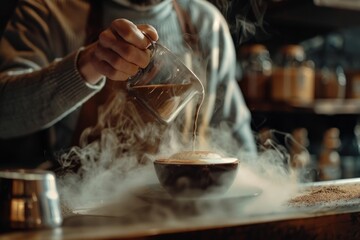 A barista crafting latte art in a cozy cafe