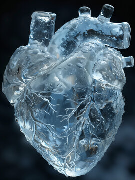 Human heart made of ice on a dark background