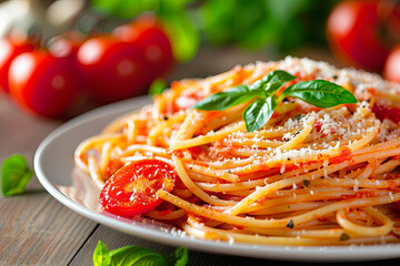 Appetizing plate of homemade Italian spaghetti pasta with Parmesan cheese and fresh tomatoes, perfect for a food or recipe feature