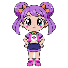 cute and playful anime girl vector art with violet pigtails, adorned with colorful bows, wearing a casual outfit with a hoodie and a heart-decorated denim vest