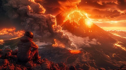 Fototapeta premium A Daring Scientist Studying Volcanic Activity Near An Awe-Inspiring Active Volcano