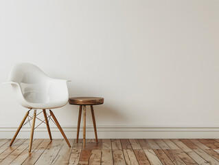 White wall interior room with wooden floor and modern chair