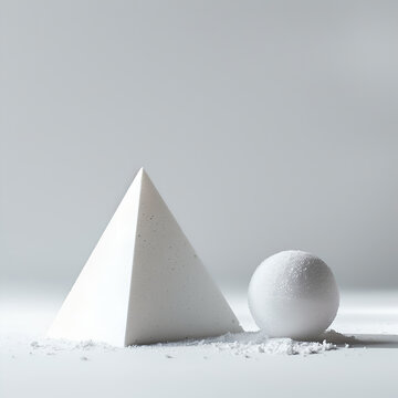A white pyramid and ball of styropor on a white background with shadows photography. Monochrome composition of geometric shapes