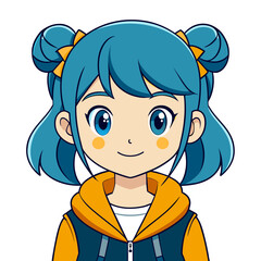 cute and playful anime girl vector art with violet pigtails, adorned with colorful bows, wearing a casual outfit with a hoodie and a heart-decorated denim vest