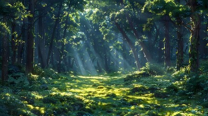 Obraz premium Captivating Forest Canopy Sunlight Dappled Woodland Wonderland Invites