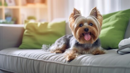 Happy Yorkshire Terrier dog on a sofa. Cozy indoor background.