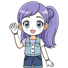 cute and playful anime girl vector art with violet pigtails, adorned with colorful bows, wearing a casual outfit with a hoodie and a heart-decorated denim vest