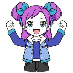 cute and playful anime girl vector art with violet pigtails, adorned with colorful bows, wearing a casual outfit with a hoodie and a heart-decorated denim vest