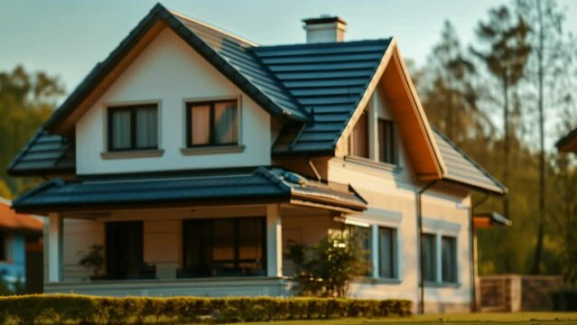 Cozy suburban house illuminated by the soft early morning light. The traditional design features a pitched roof, large windows, and a well-maintained garden. 