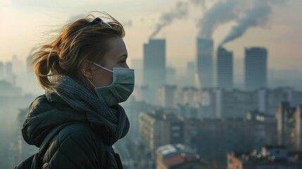 Young woman wearing respiratory mask protect and filter pm2.5. From the rooftop, the woman looks down at the cityscape covered in smog and smoke pollution, City air pollution concept.