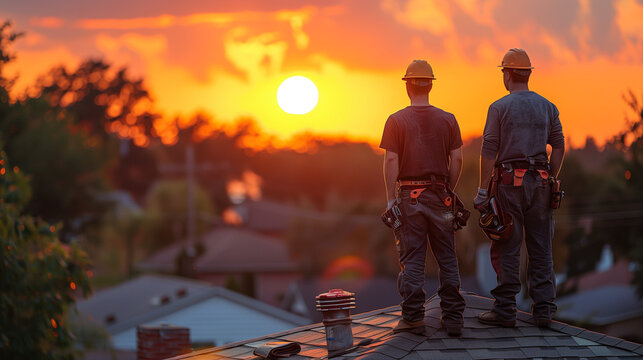Two roofers on a new shingles roof in Orlando, Florida at sunset, ultra-realistic