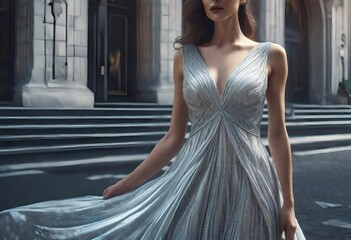 Fototapeta premium woman in a wedding dress, road modeling style, women wearing white bridal dress, fashion industry