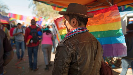 Fototapeta premium Man with Rainbow Flag at Lively Pride Event Celebrating LGBTQ Diversity and Unity
