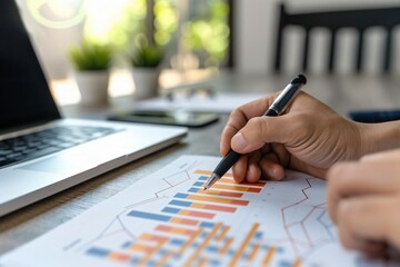 hand using a pen to write examine and annotate data visualization chart displayed on desk workspace, information presented. The overall scene emphasizes 