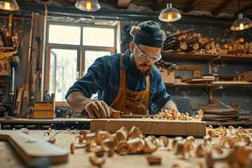 Male carpenter working diligently in a well-equipped workshop, highlighting craftsmanship and woodworking skills