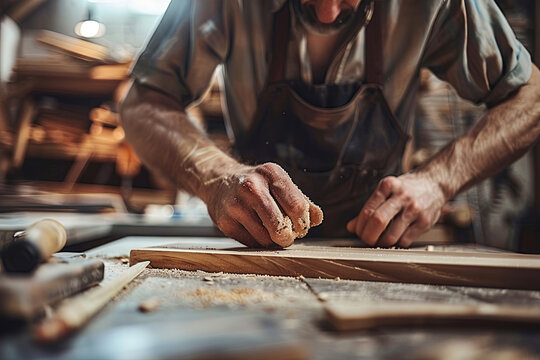 Male carpenter working diligently in a well-equipped workshop, highlighting craftsmanship and woodworking skills