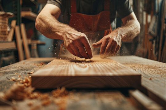 Male carpenter working diligently in a well-equipped workshop, highlighting craftsmanship and woodworking skills