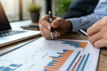 hand using a pen to write examine and annotate data visualization chart displayed on desk workspace, information presented. The overall scene emphasizes 