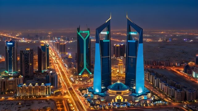 During the blue hour, the KAFD buildings in Riyadh, Saudi Arabia, stand out.